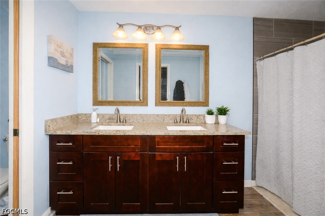 15581 Old Olga Road Alva, FL 33920 - Photo 15 of 38 a bathroom with a granite countertop sink a mirror and a