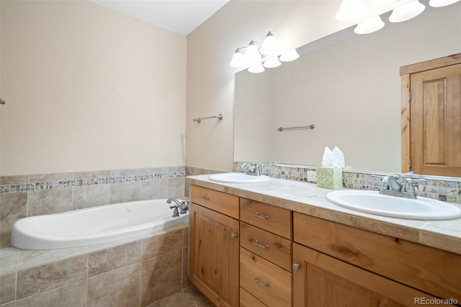 27711 Moffat Road Evergreen, CO 80439 - Photo 15 of 30 a bathroom with a tub a sink and mirror