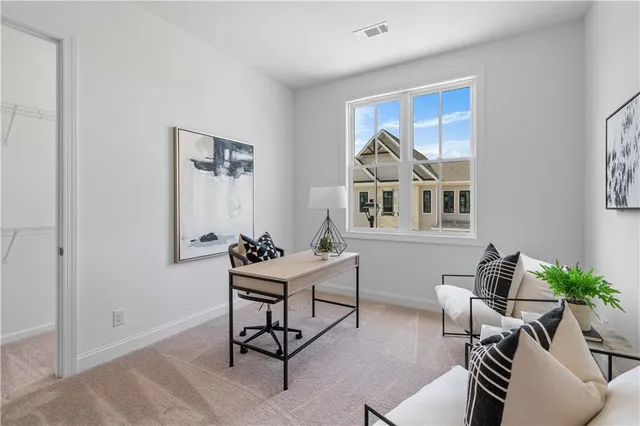 a living room with furniture a rug and a window