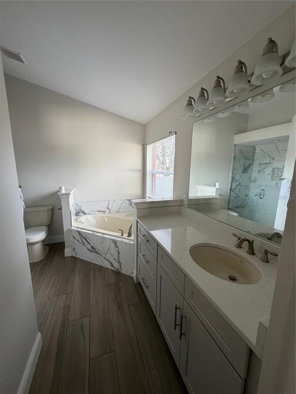 3020 Norlina Street Deltona, FL 32738 - Photo 15 of 30 a bathroom with a granite countertop sink a toilet and mirror