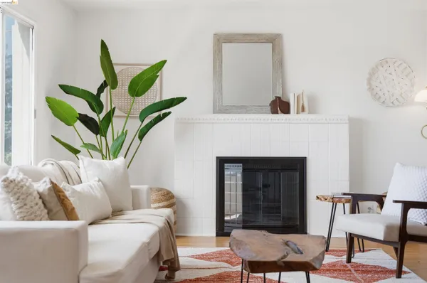 a living room with furniture a potted plant and a fireplace