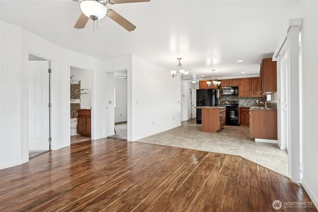 a view of a livingroom with wooden floor
