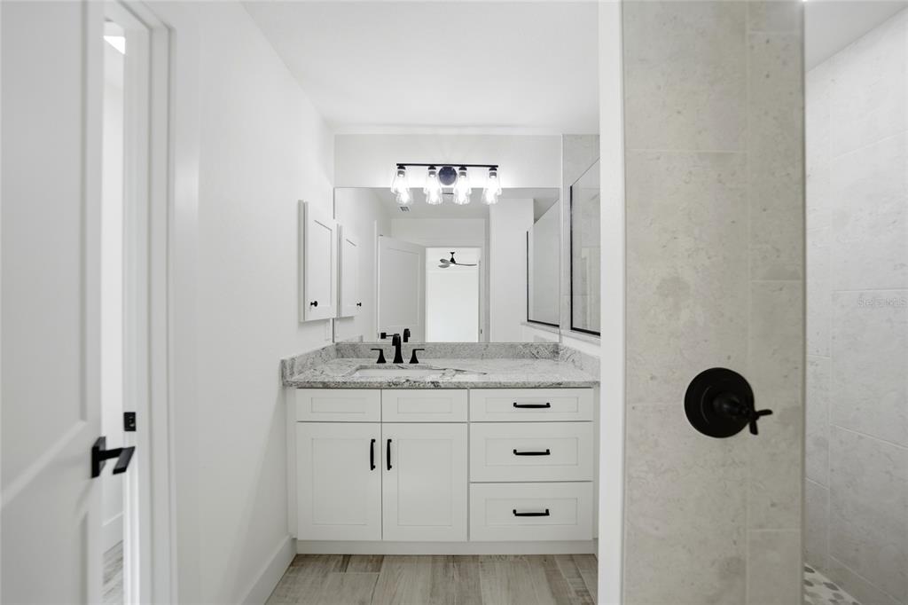 8846 Southwest Liverpool Road Arcadia, FL 34269 - Photo 27 of 49 a bathroom with a granite countertop sink a mirror and shower