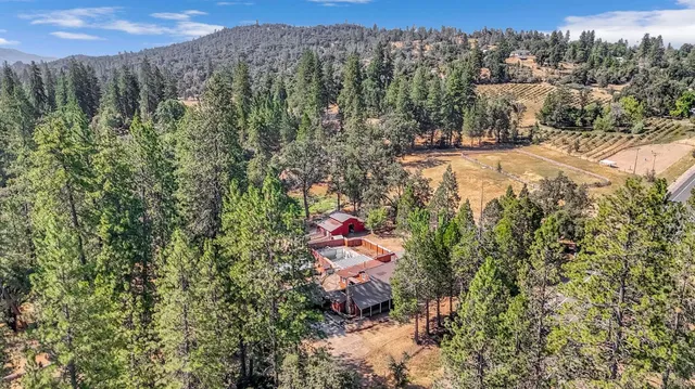 an aerial view of a houses with yard