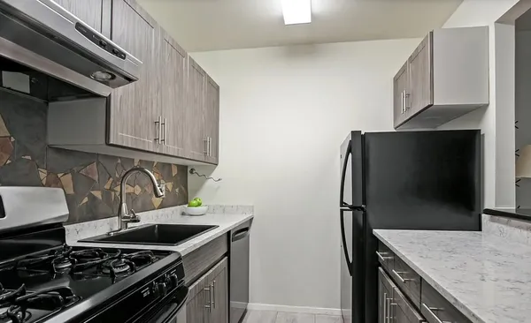a kitchen with stainless steel appliances granite countertop a stove a refrigerator and a sink