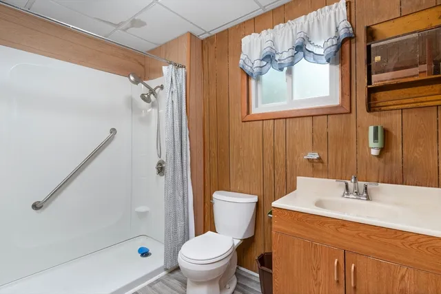 a bathroom with a sink a mirror a toilet and a shower