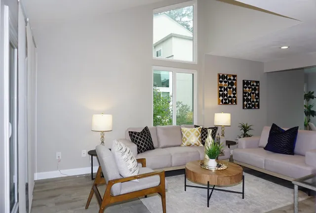 a living room with furniture and a potted plant