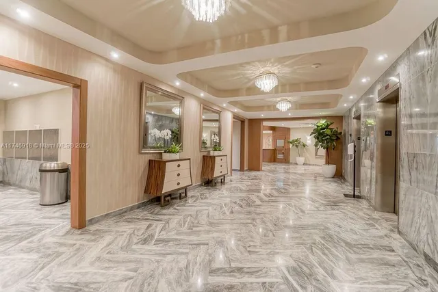 a view of a hallway with wooden shelves