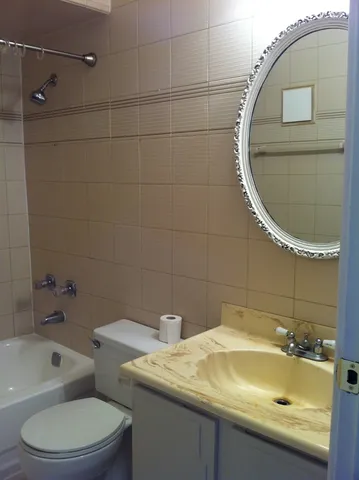 a bathroom with a sink and mirror with toilet
