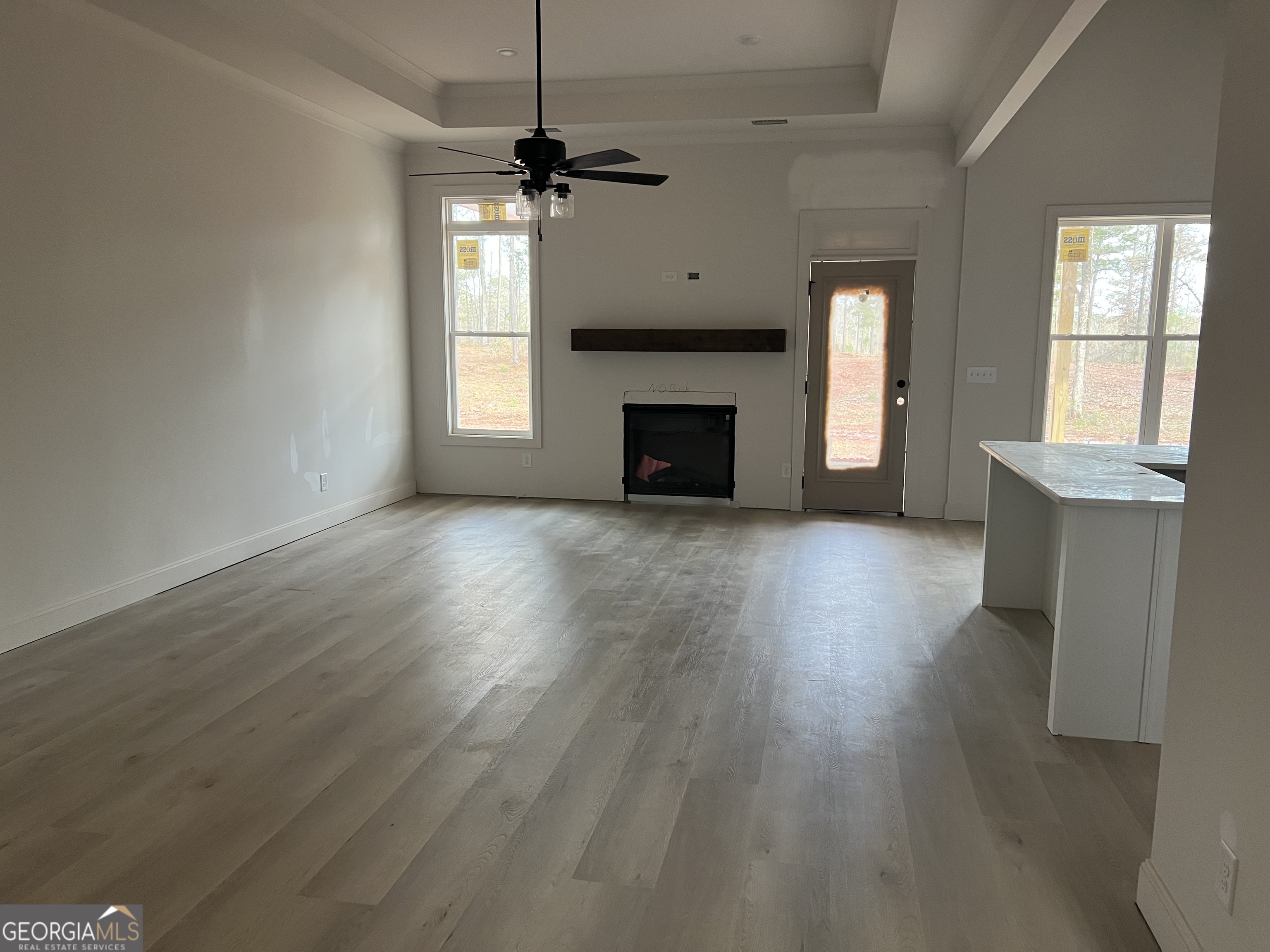 606 Dean Patrick Road Locust Grove, GA 30248 - Photo 4 of 7 an empty room with wooden floor a fireplace and windows