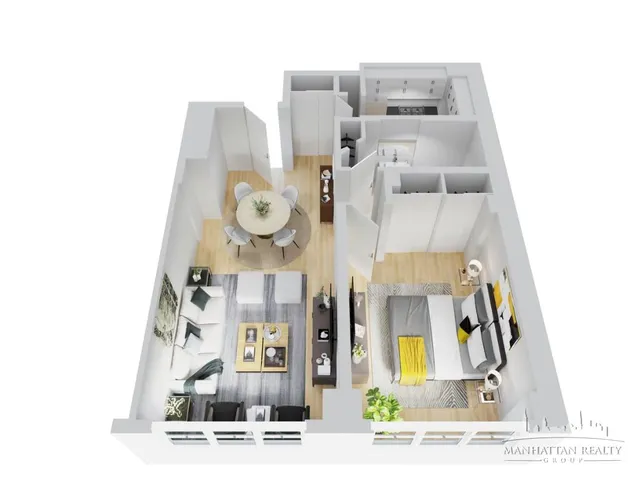 a view of a living room with a baby crib