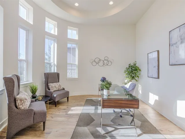 a living room with furniture and a potted plant