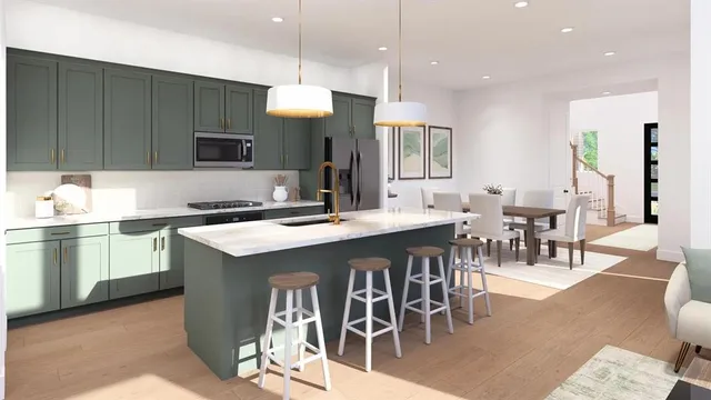 a kitchen with kitchen island granite countertop a sink counter and chairs
