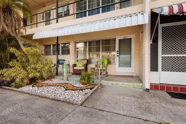 front view of a house with a patio