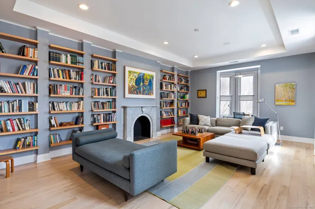 a living room with furniture and a book shelf