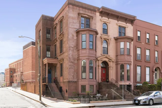 a front view of a multi story building