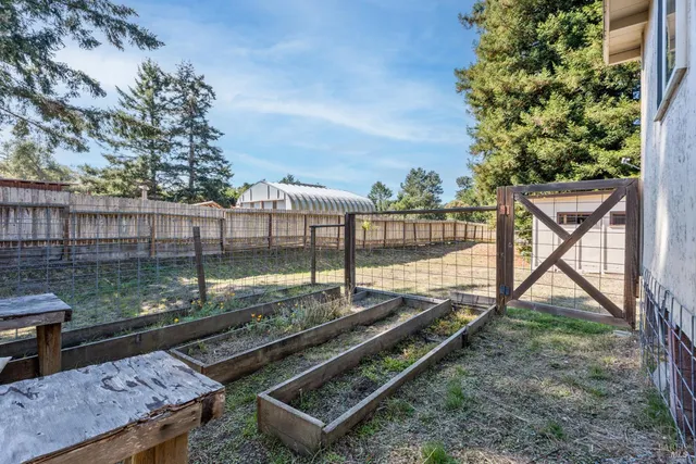 a view of a backyard with a wooden fence