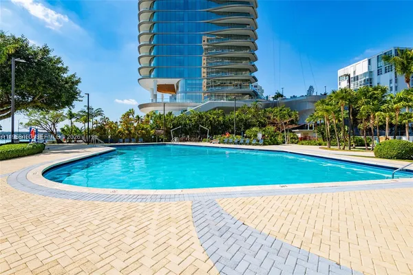 a view of a swimming pool with a yard