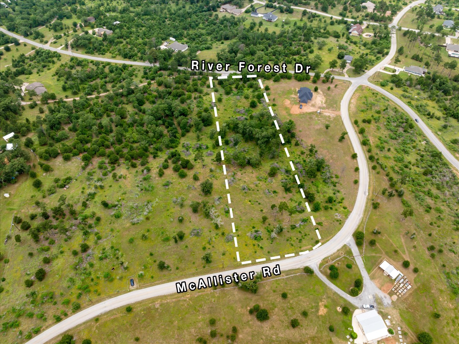 A verdant, undeveloped land parcel offers future development opportunities along a peaceful road.