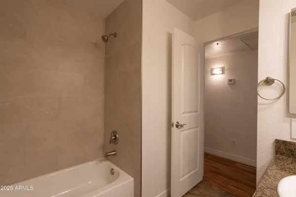 a bathroom with a tub shower vanity and a sink