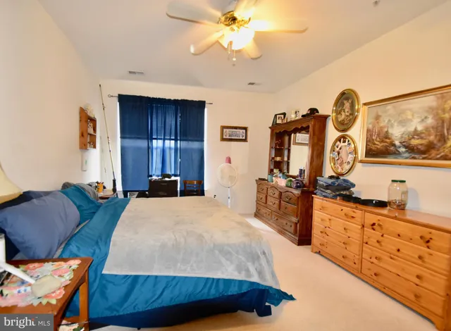 a bedroom with a bed a dresser and potted plants on the dresser
