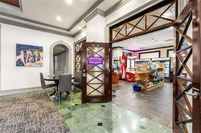 a view of a park with iron fence