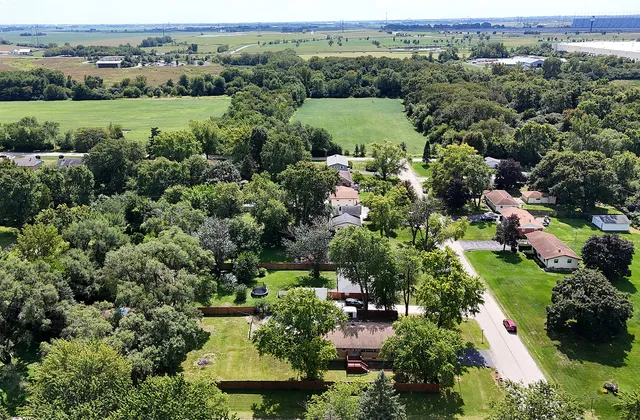 an aerial view of green landscape with trees houses and mountain view