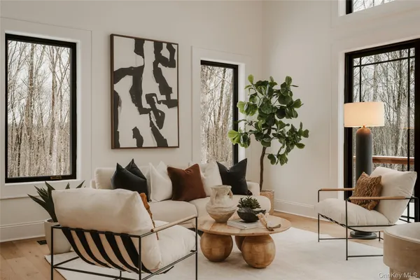 a living room with furniture and a potted plant