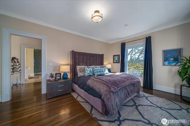 a living room with a bed furniture potted plant and windows