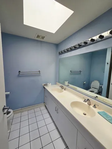 a bathroom with a sink a toilet and a mirror