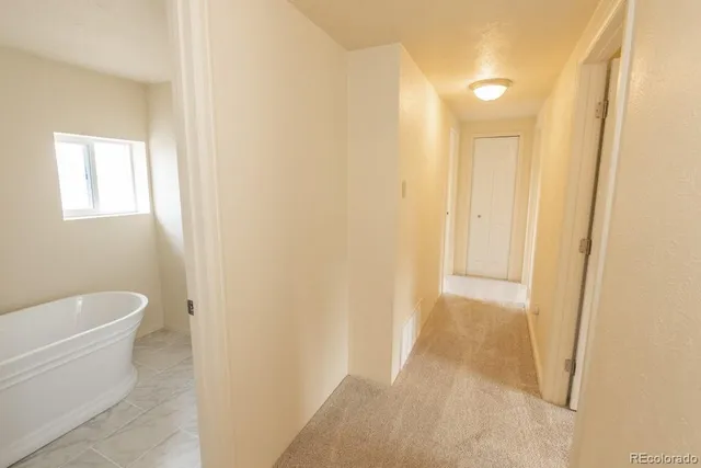 a bathroom with a bathtub and toilet