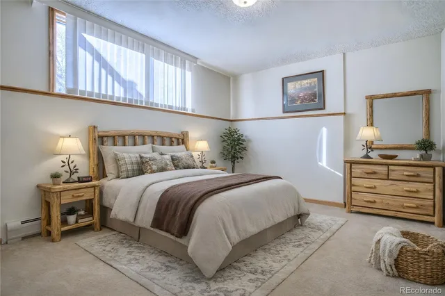 a bedroom with a bed and a cabinets