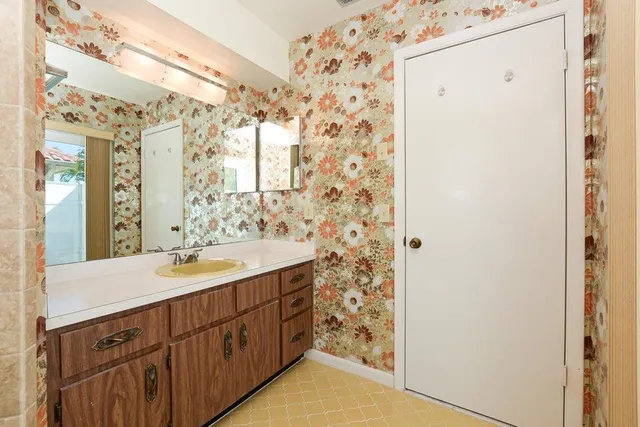a bathroom with a sink a mirror and a shower