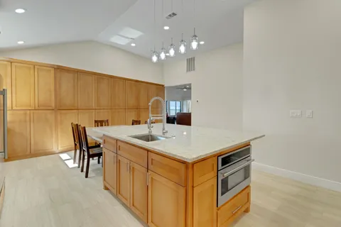 a view of a dining room with furniture