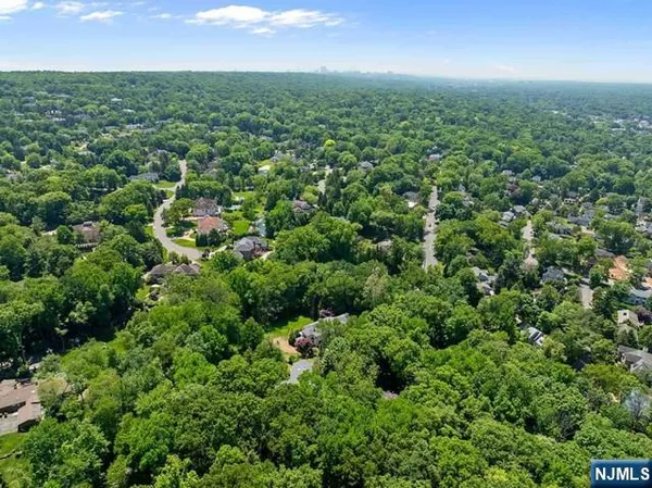 an aerial view of residential houses with outdoor space and trees