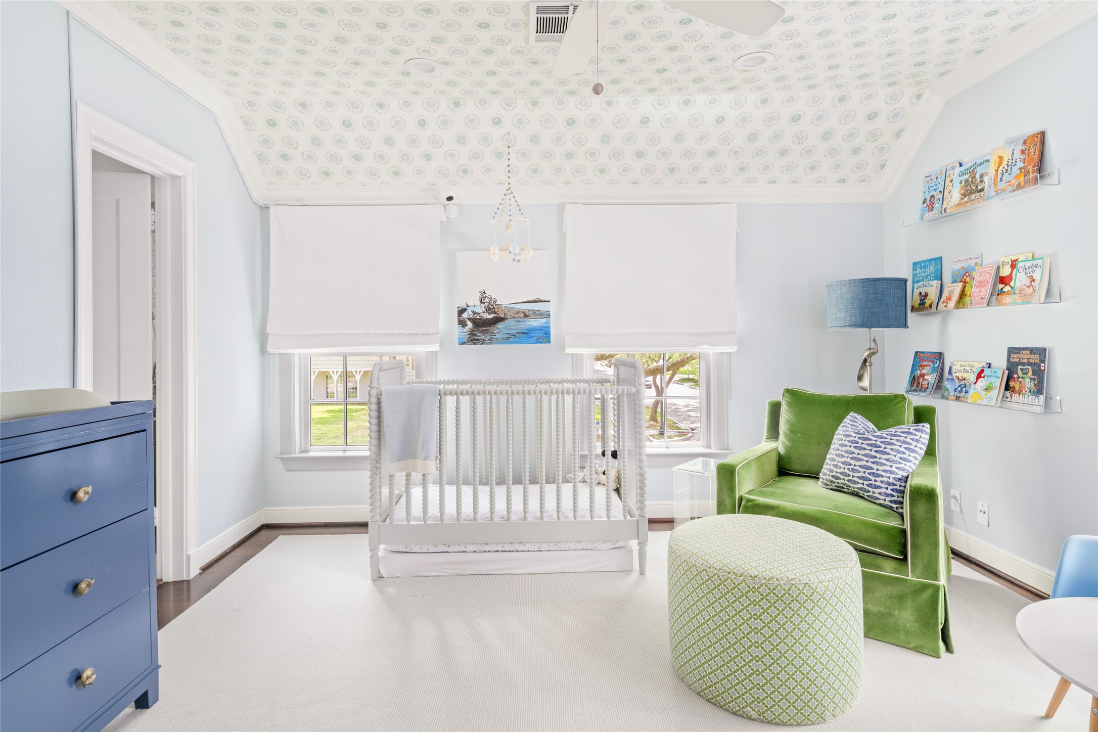 3784 Ingold Street Houston, TX 77005 - Photo 29 of 50 Secondary bedroom 1 is precious with wallpapered ceiling and custom window shades.