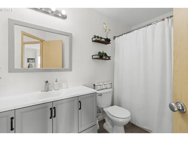 a bathroom with a sink a toilet and mirror