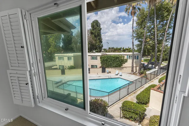 a view of a balcony from a window