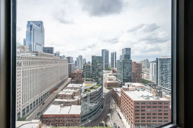 a city view with tall buildings