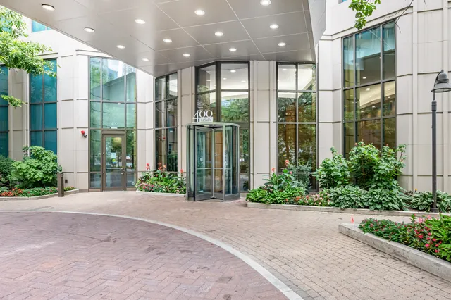 a view of a building with a garden