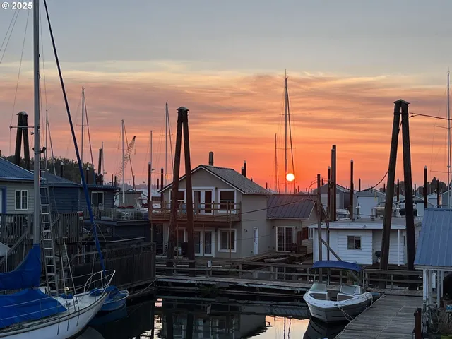 a view of a lake with boats and palm trees