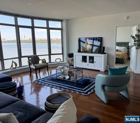 a living room with furniture a rug and a floor to ceiling window