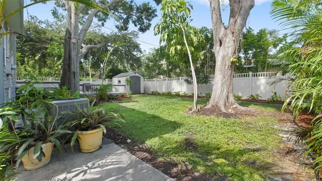 a view of a backyard with potted plants and large trees