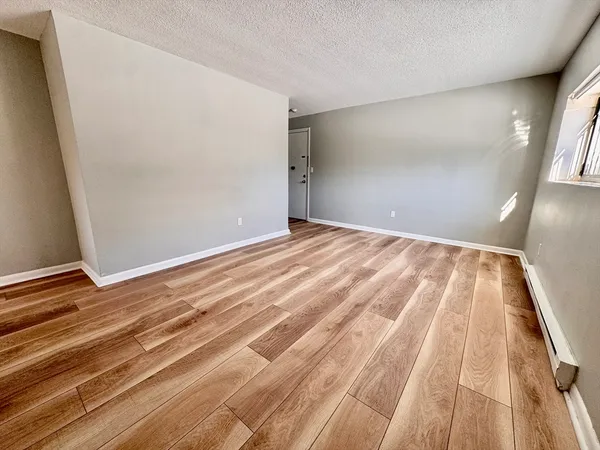 a view of empty room with wooden floor