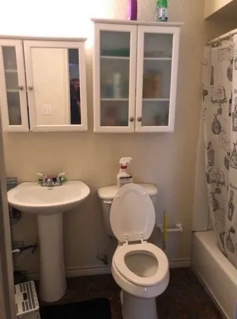 a bathroom with a toilet sink and mirror