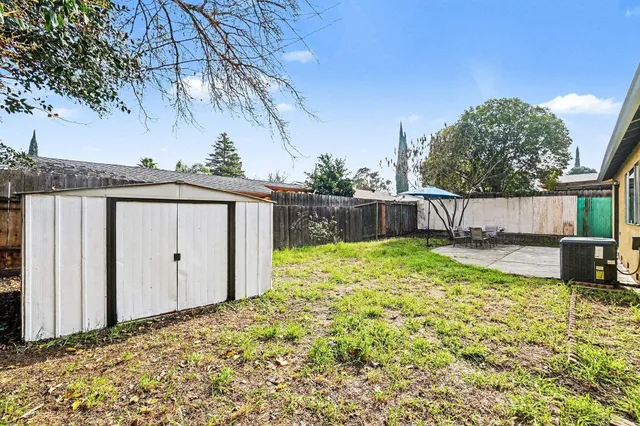 a view of a backyard with large tree and wooden fence