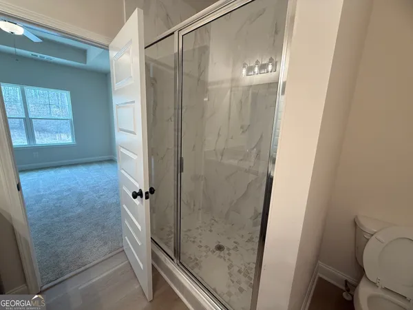 a bathroom with a shower and a toilet