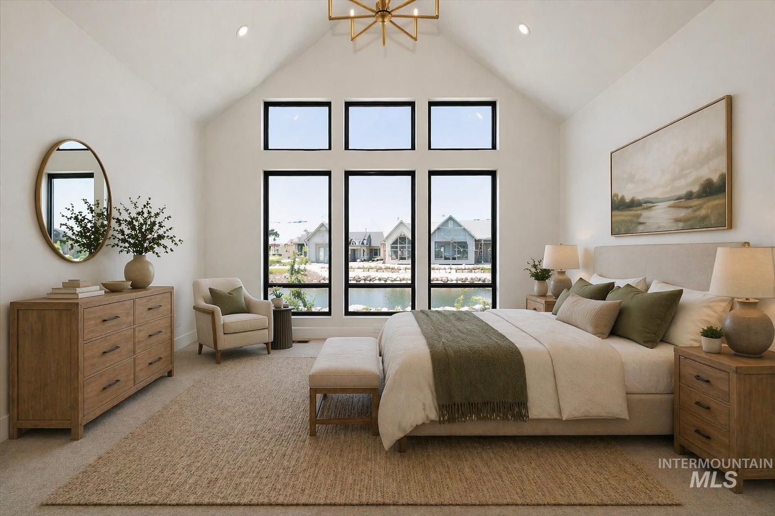 539 Century Avenue Middleton, ID 83644 - Photo 22 of 50 Bedroom with a chandelier, a high ceiling, light carpet, and a water view