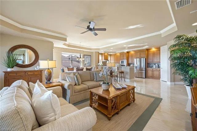 a living room with furniture a rug potted plant and a large window