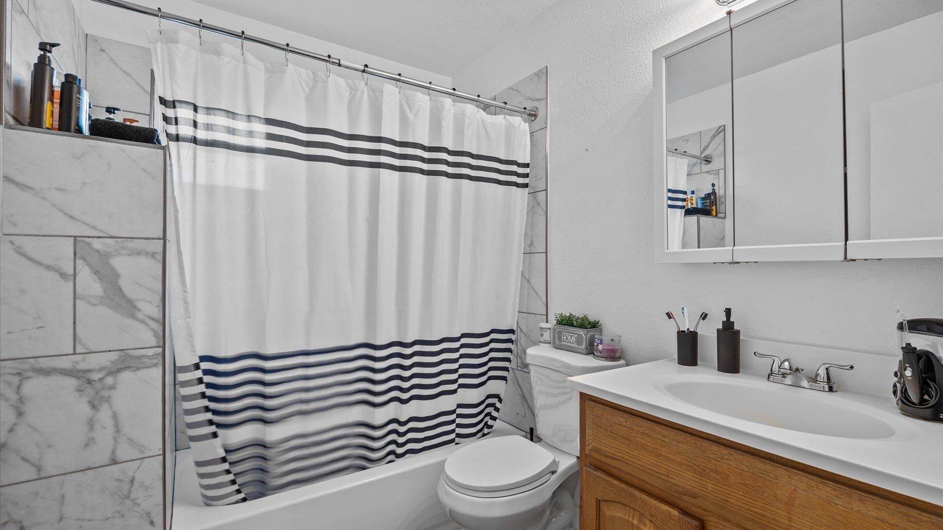 419 South Ash Street Fruita, CO 81521 - Photo 8 of 18 a bathroom with a sink a toilet and shower curtain